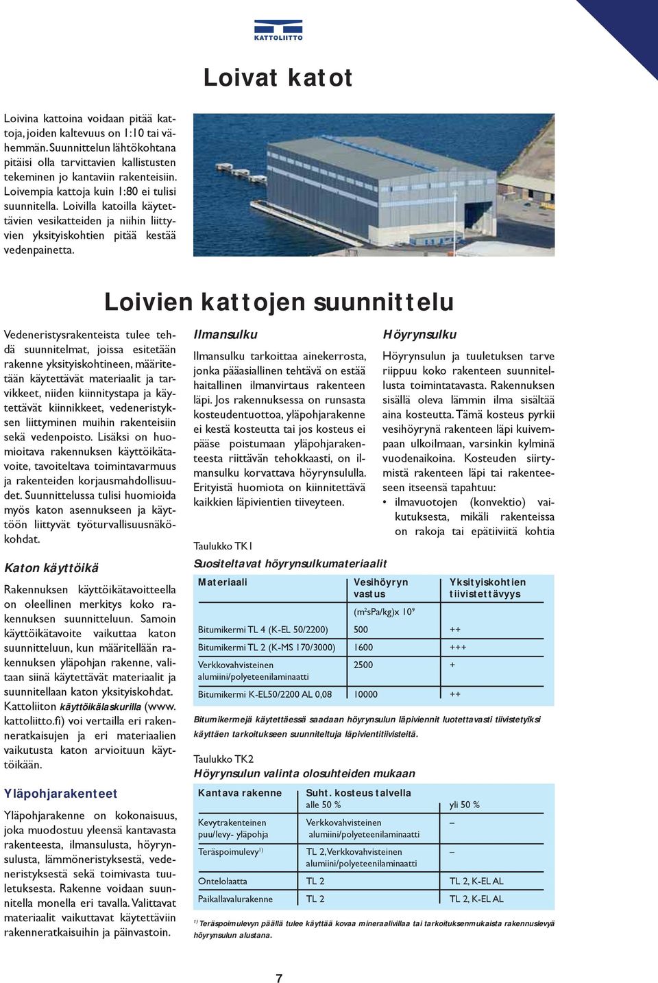 Loivien kattojen suunnittelu Vedeneristysrakenteista tulee tehdä suunnitelmat, joissa esitetään rakenne yksityiskohtineen, määritetään käytettävät materiaalit ja tarvikkeet, niiden kiinnitystapa ja