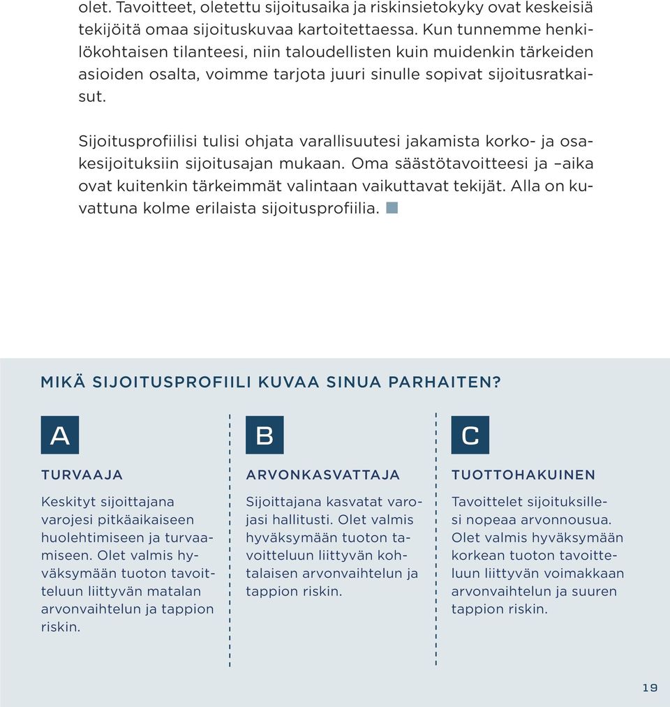 Sijoitusprofiilisi tulisi ohjata varallisuutesi jakamista korko- ja osakesijoituksiin sijoitusajan mukaan. Oma säästötavoitteesi ja aika ovat kuitenkin tärkeimmät valintaan vaikuttavat tekijät.
