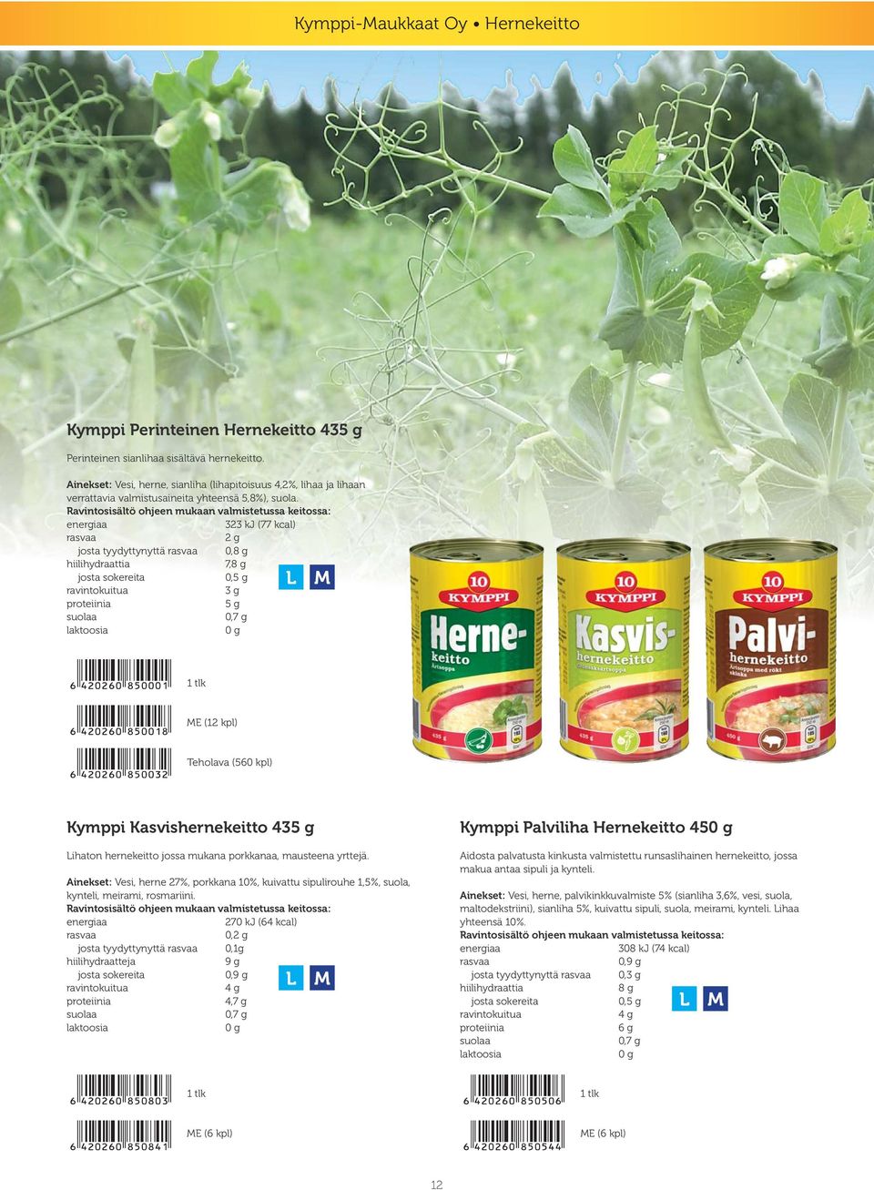 Ravintosisältö ohjeen mukaan valmistetussa keitossa: 323 kj (77 kcal) josta tyydyttynyttä hiilihydraattia 7,8 g josta sokereita 0,5 g 5 g 1 tlk ME (12 kpl) Teholava (560 kpl) Kymppi Kasvishernekeitto