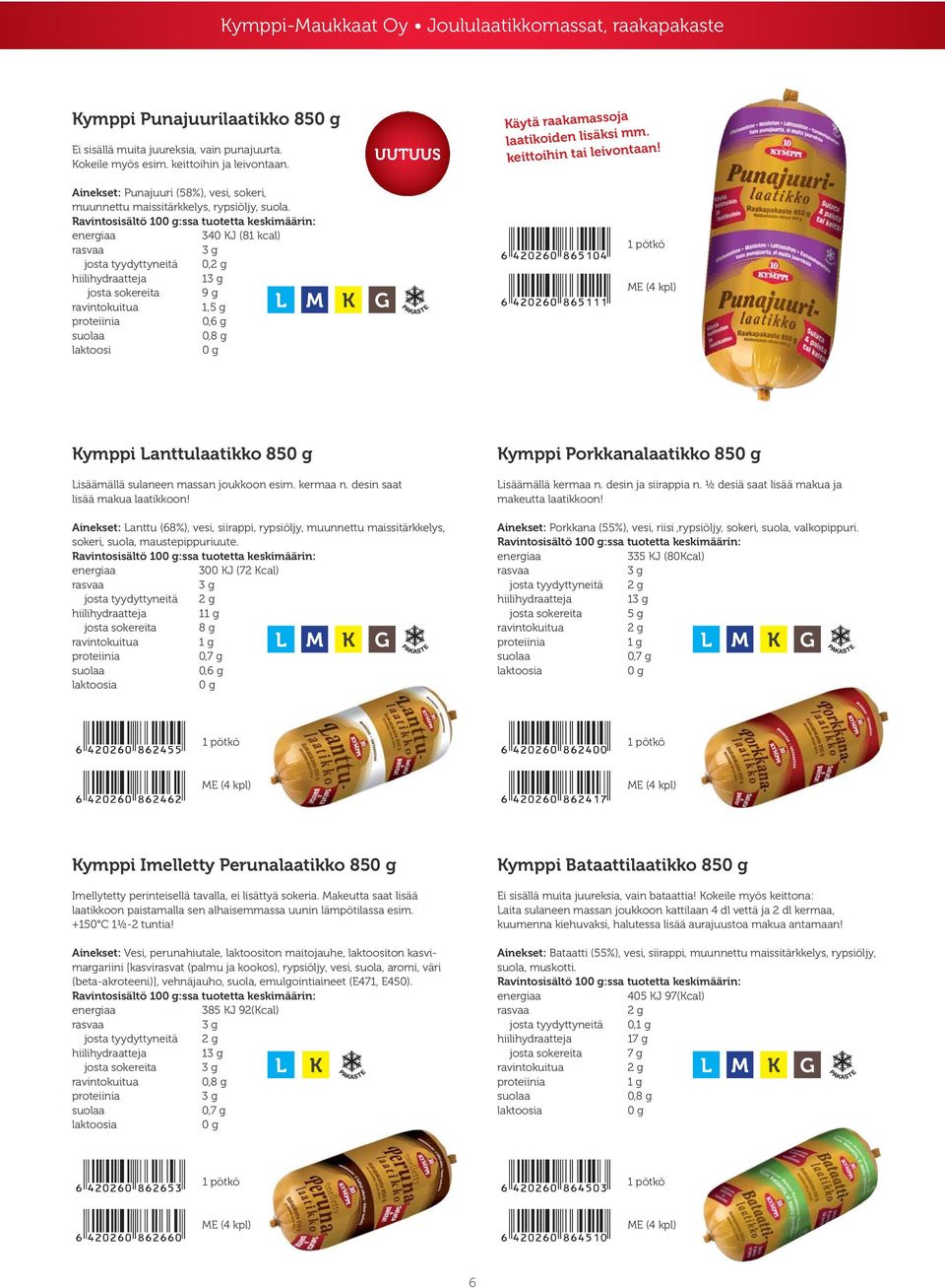 Ravintosisältö 10:ssa tuotetta keskimäärin: 340 KJ (81 kcal) josta tyydyttyneitä 0, 1 josta sokereita 9 g 1,5 g 0,6 g laktoosi 1 pötkö ME (4 kpl) Kymppi Lanttulaatikko 85 Kymppi Porkkanalaatikko 85