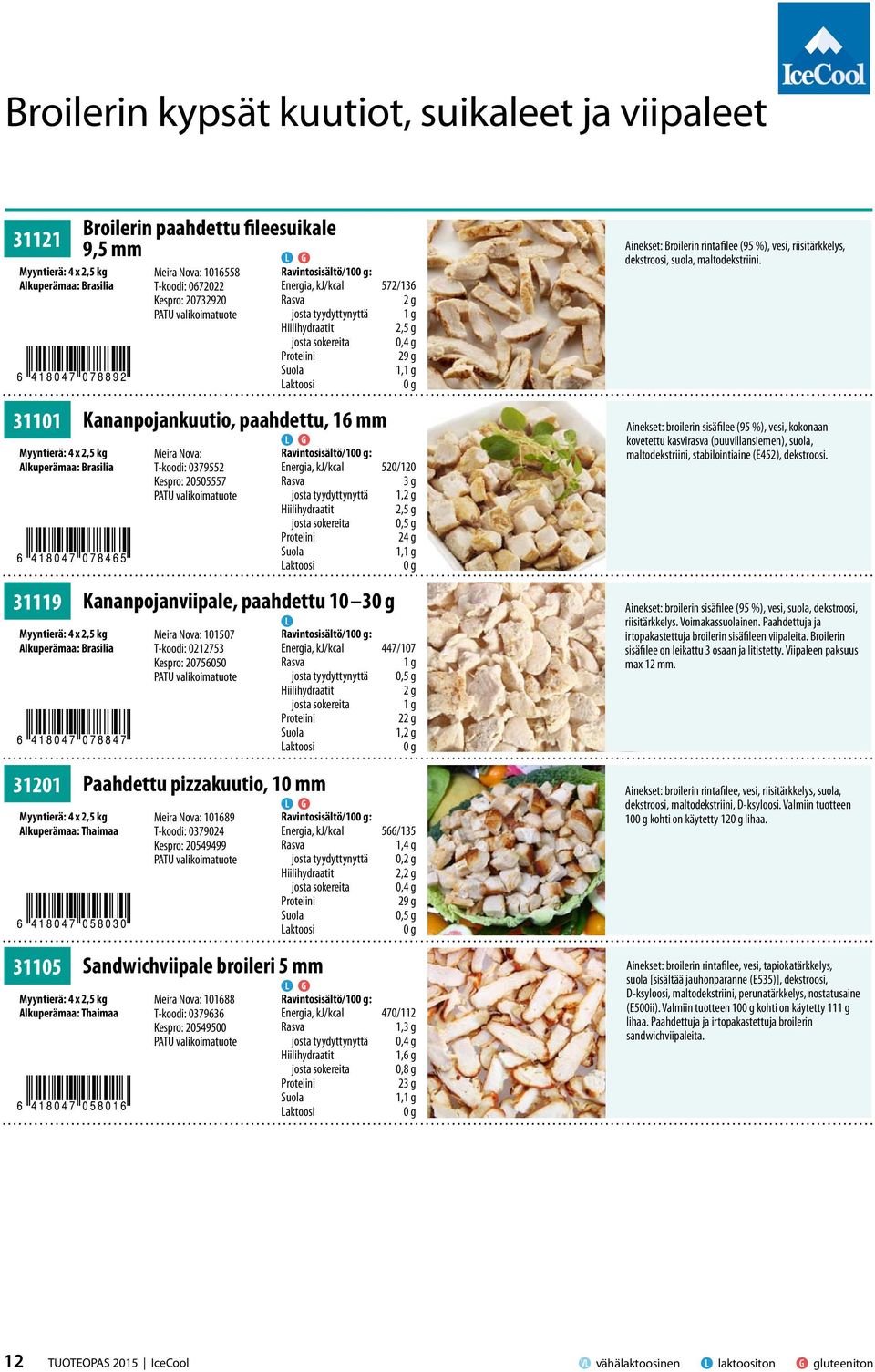 sisäfilee (95 %), vesi, kokonaan kovetettu kasvirasva (puuvillansiemen), suola, maltodekstriini, stabilointiaine (E452), dekstroosi.