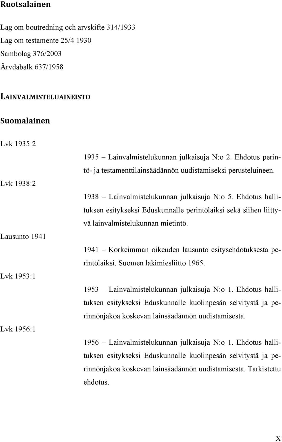 Ehdotus hallituksen esitykseksi Eduskunnalle perintölaiksi sekä siihen liittyvä lainvalmistelukunnan mietintö. 1941 Korkeimman oikeuden lausunto esitysehdotuksesta perintölaiksi.