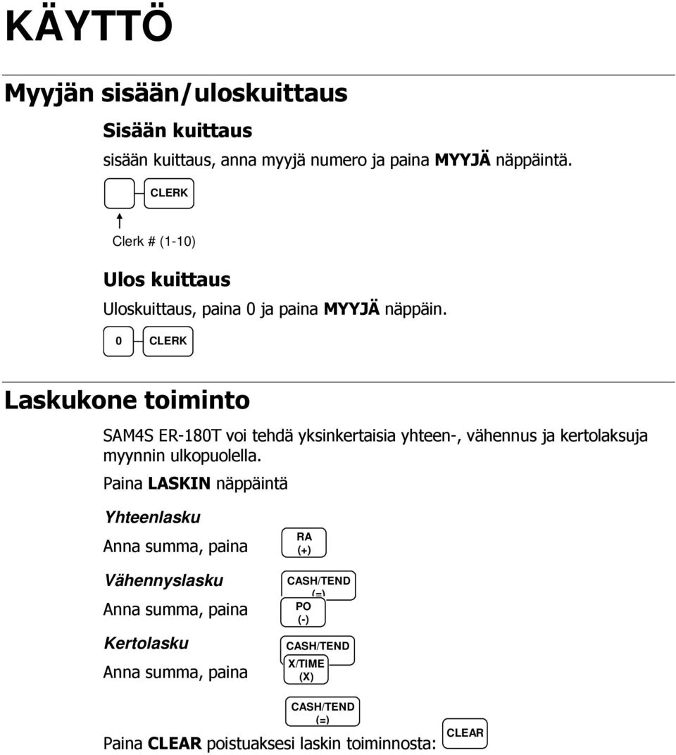 0 CLERK Laskukone toiminto SAM4S ER-180T voi tehdä yksinkertaisia yhteen-, vähennus ja kertolaksuja myynnin ulkopuolella.