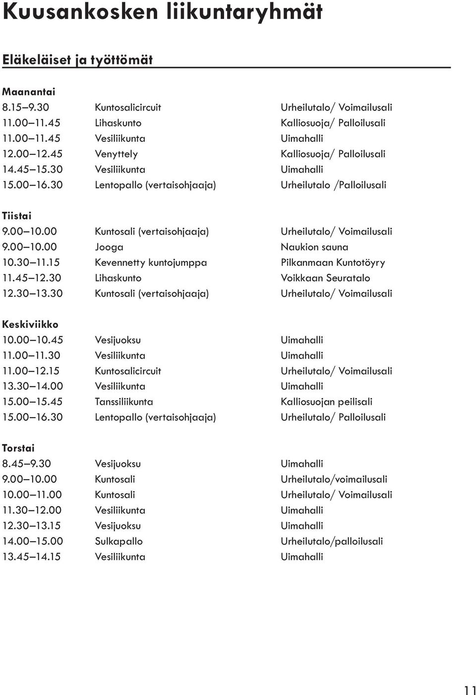 00 Kuntosali (vertaisohjaaja) Urheilutalo/ Voimailusali 9.00 10.00 Jooga Naukion sauna 10.30 11.15 Kevennetty kuntojumppa Pilkanmaan Kuntotöyry 11.45 12.30 Lihaskunto Voikkaan Seuratalo 12.30 13.