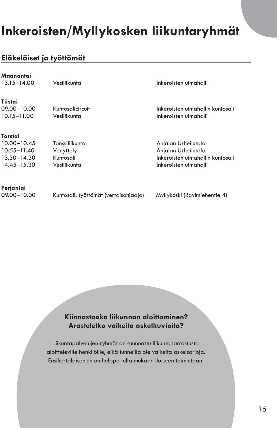 45 15.30 Vesiliikunta Inkeroisten uimahalli Perjantai 09.00 10.00 Kuntosali, työttömät (vertaisohjaaja) Myllykoski (Ravimiehentie 4) Kiinnostaako liikunnan aloittaminen?