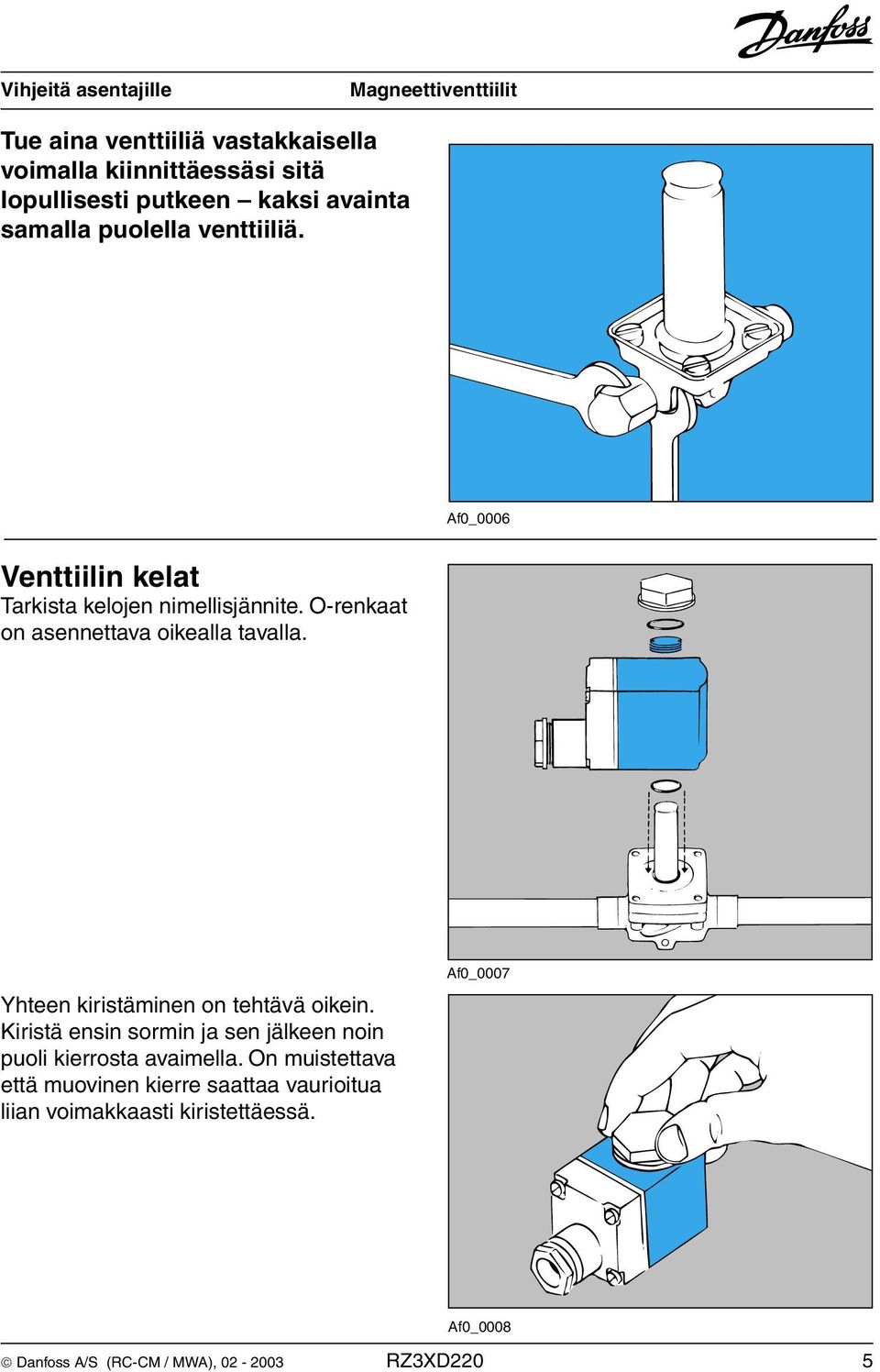 Yhteen kiristäminen on tehtävä oikein. Kiristä ensin sormin ja sen jälkeen noin puoli kierrosta avaimella.