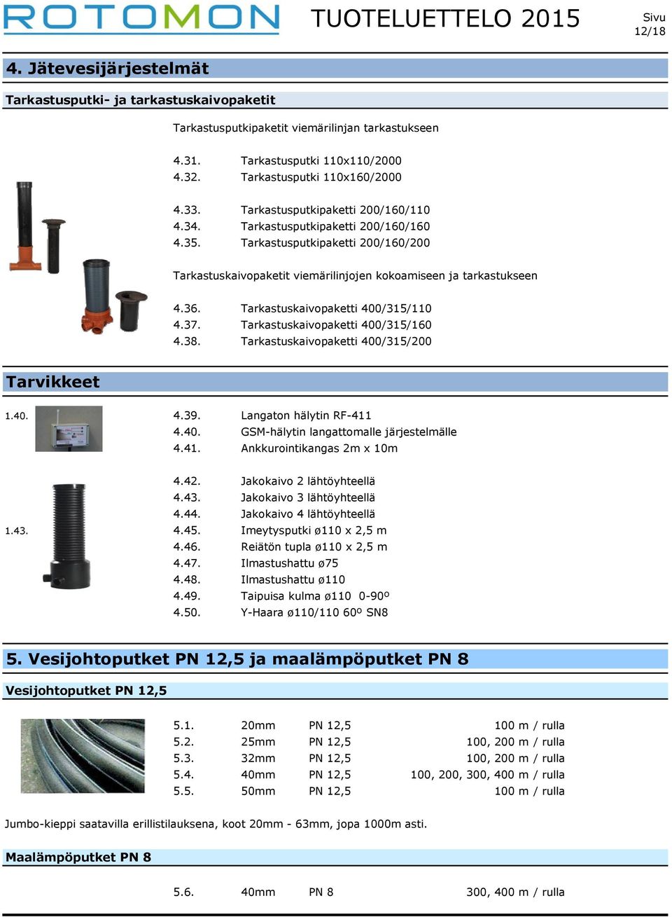 Tarkastuskaivopaketti 400/315/110 4.37. Tarkastuskaivopaketti 400/315/160 4.38. Tarkastuskaivopaketti 400/315/200 Tarvikkeet 1.40. 4.39. Langaton hälytin RF-411 4.40. GSM-hälytin langattomalle järjestelmälle 4.