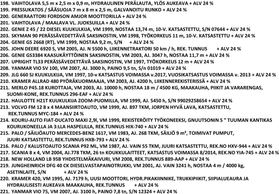 KATSASTETTU, S/N 07644 + ALV 24 % 203. SKYMAN 90 PERÄSSÄVEDETTÄVÄ SAKSINOSTIN, VM 1998, TYÖKORKEUS 11 m, 10-V. KATSASTETTU + ALV 24 % 204.