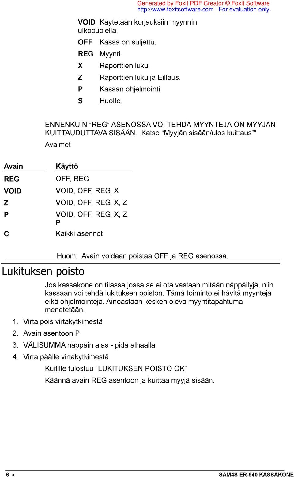 Katso Myyjän sisään/ulos kuittaus Avaimet Avain Käyttö REG OFF, REG VOID VOID, OFF, REG, X Z VOID, OFF, REG, X, Z P VOID, OFF, REG, X, Z, P C Kaikki asennot Lukituksen poisto Huom: Avain voidaan