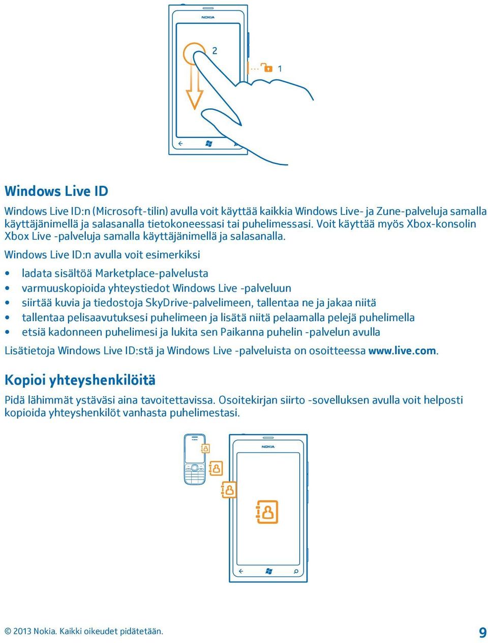 Windows Live ID:n avulla voit esimerkiksi ladata sisältöä Marketplace-palvelusta varmuuskopioida yhteystiedot Windows Live -palveluun siirtää kuvia ja tiedostoja SkyDrive-palvelimeen, tallentaa ne ja