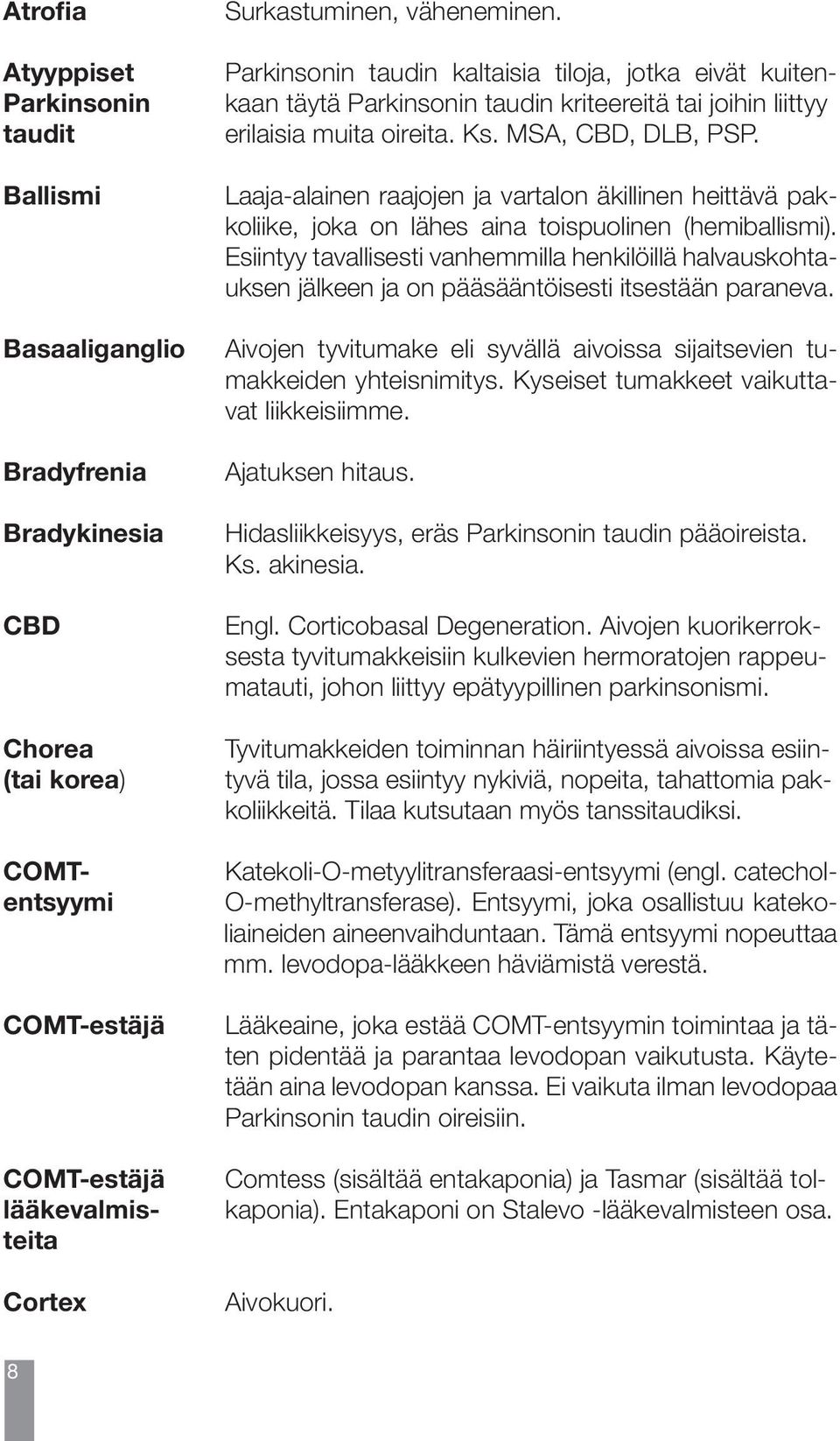 Atrofia Atyyppiset Parkinsonin taudit Ballismi Basaaliganglio Bradyfrenia Bradykinesia CBD Chorea (tai korea) COMTentsyymi COMT-estäjä COMT-estäjä lääkevalmisteita Cortex Surkastuminen, väheneminen.