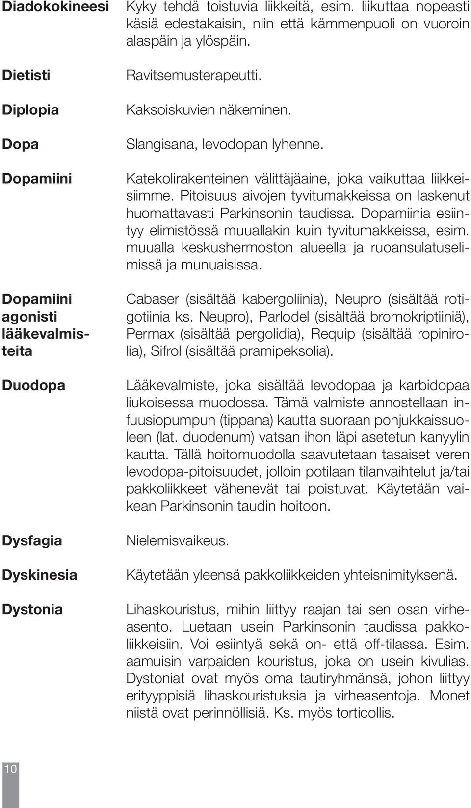 Diadokokineesi Dietisti Diplopia Dopa Dopamiini Dopamiini agonisti lääkevalmisteita Duodopa Dysfagia Dyskinesia Dystonia Kyky tehdä toistuvia liikkeitä, esim.