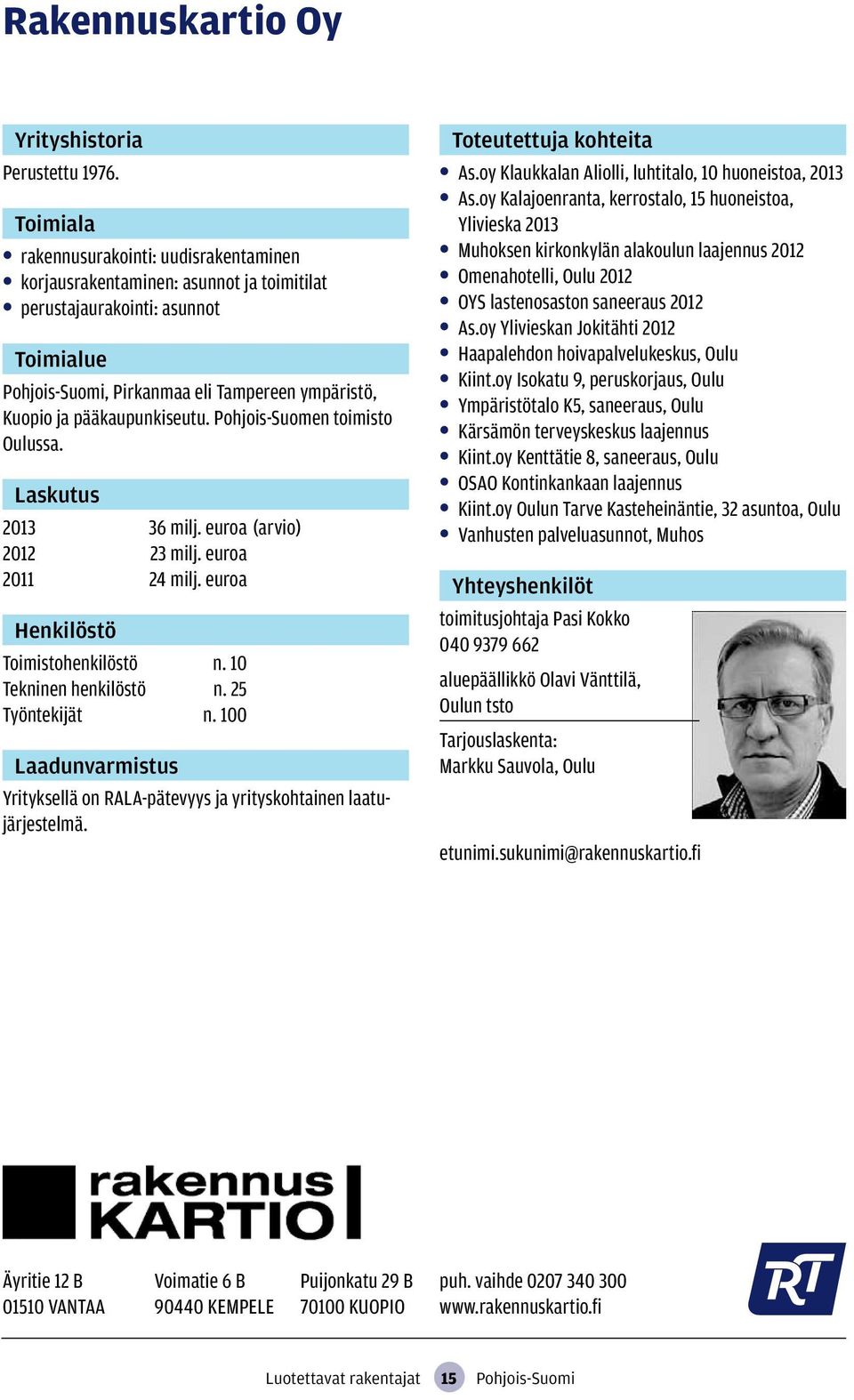 Pohjois-Suomen toimisto Oulussa. 2013 36 milj. euroa (arvio) 2012 23 milj. euroa 2011 24 milj. euroa Toimistohenkilöstö n. 10 Tekninen henkilöstö n. 25 Työntekijät n.