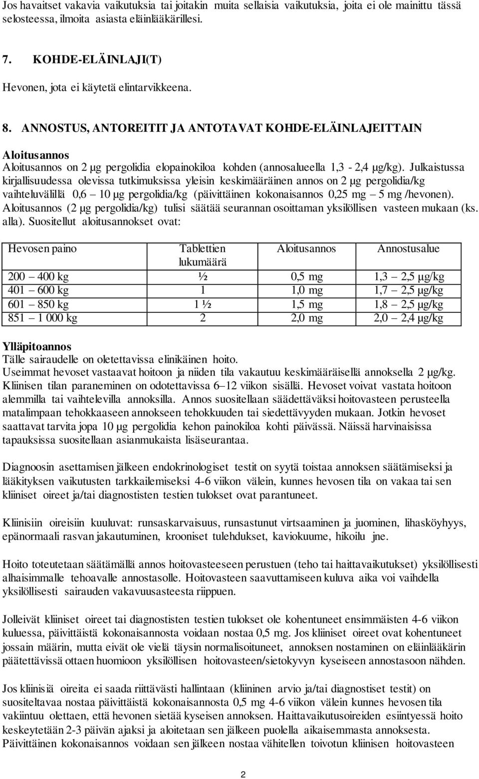 ANNOSTUS, ANTOREITIT JA ANTOTAVAT KOHDE-ELÄINLAJEITTAIN Aloitusannos Aloitusannos on 2 µg pergolidia elopainokiloa kohden (annosalueella 1,3-2,4 µg/kg).