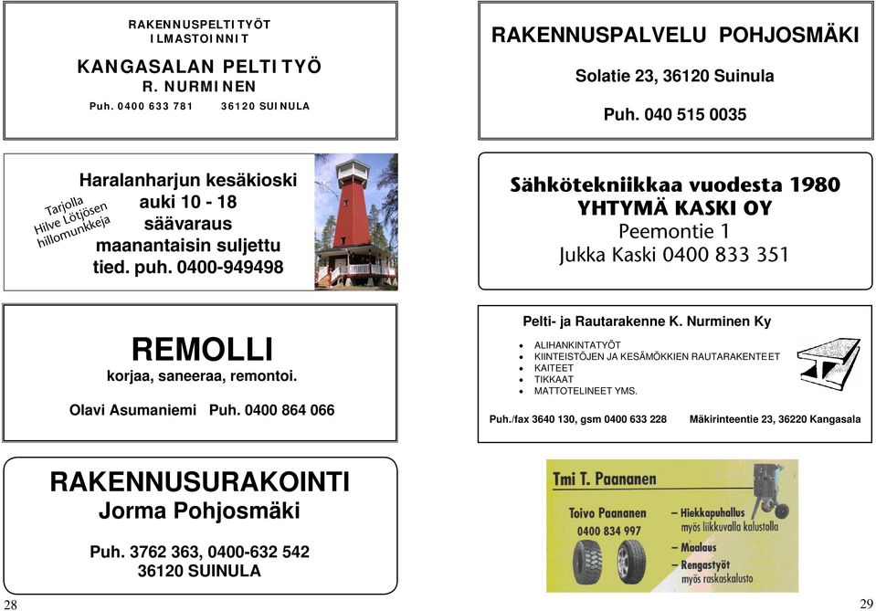 0400-949498 Sähkötekniikkaa vuodesta 1980 YHTYMÄ KASKI OY Peemontie 1 Jukka Kaski 0400 833 351 REMOLLI korjaa, saneeraa, remontoi. Olavi Asumaniemi Puh.