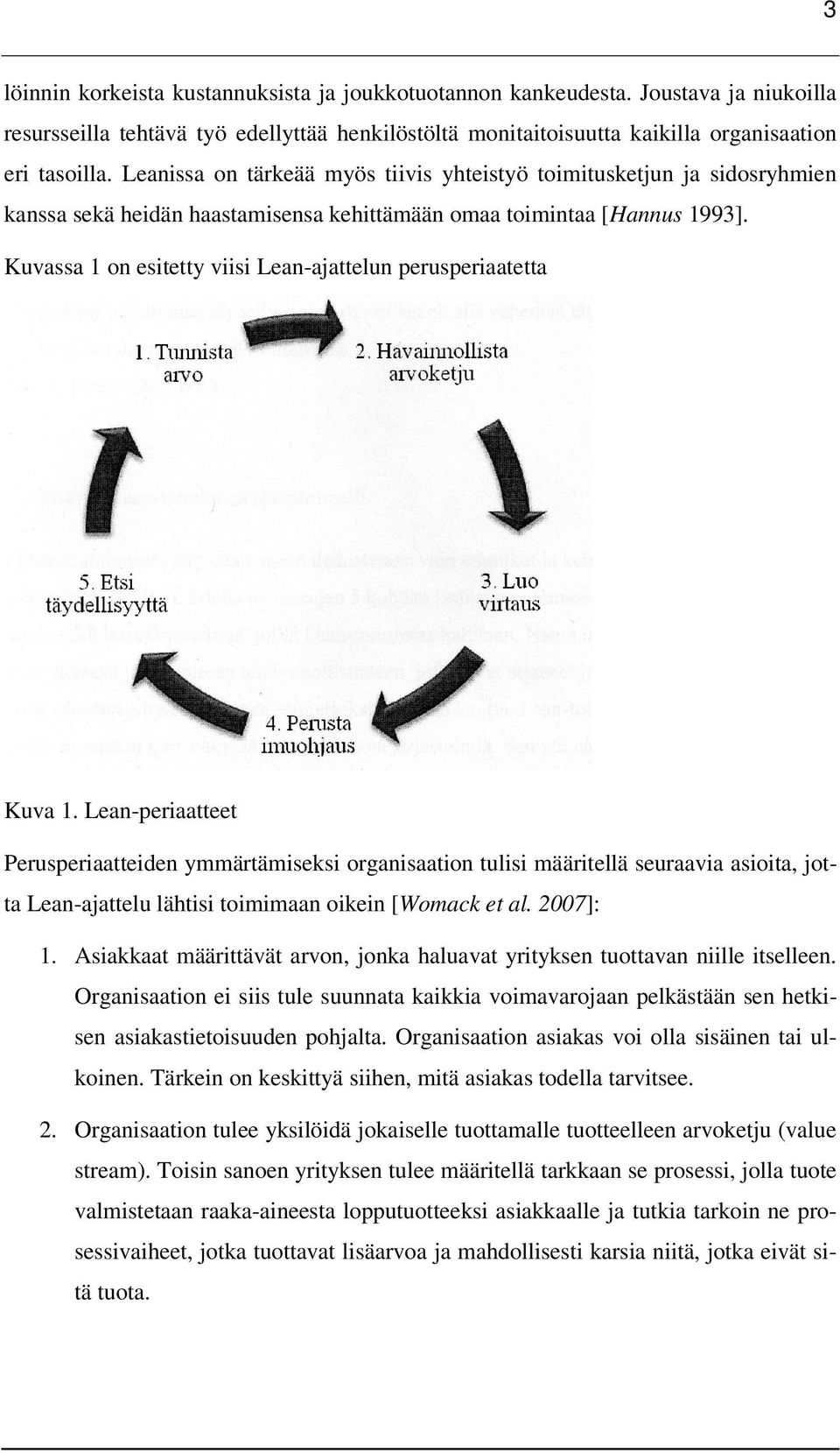 Kuvassa 1 on esitetty viisi Lean-ajattelun perusperiaatetta Kuva 1.