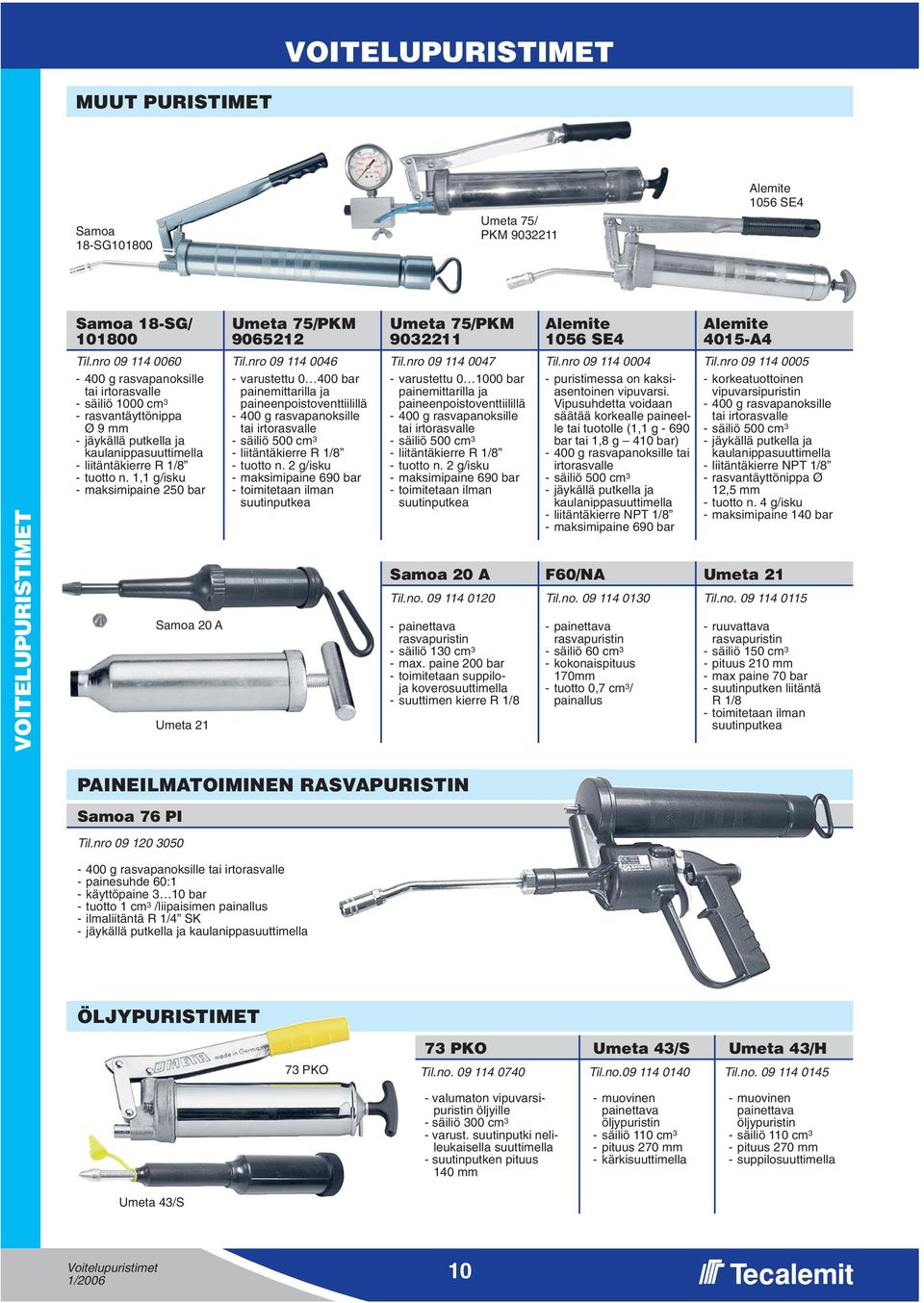 nro 09 114 0005 VOITELUPURISTIMET - 400 g rasvapanoksille tai irtorasvalle - säiliö 1000 cm 3 - rasvantäyttönippa Ø 9 mm - jäykällä putkella ja kaulanippasuuttimella - liitäntäkierre R 1/8 - tuotto n.