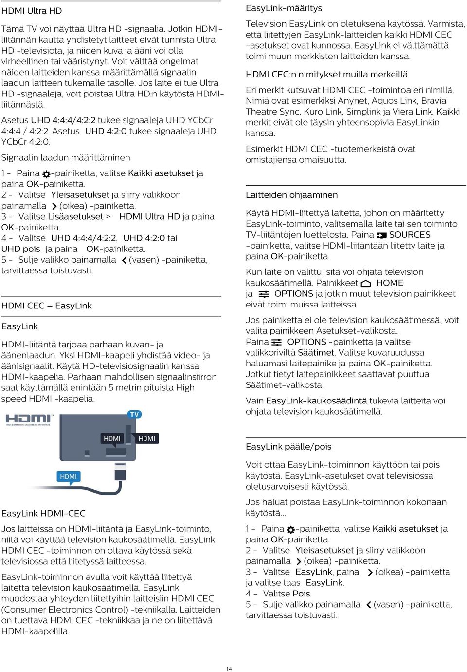Jotkin HDMIliitännän kautta yhdistetyt laitteet eivät tunnista Ultra HD -televisiota, ja niiden kuva ja ääni voi olla virheellinen tai vääristynyt.