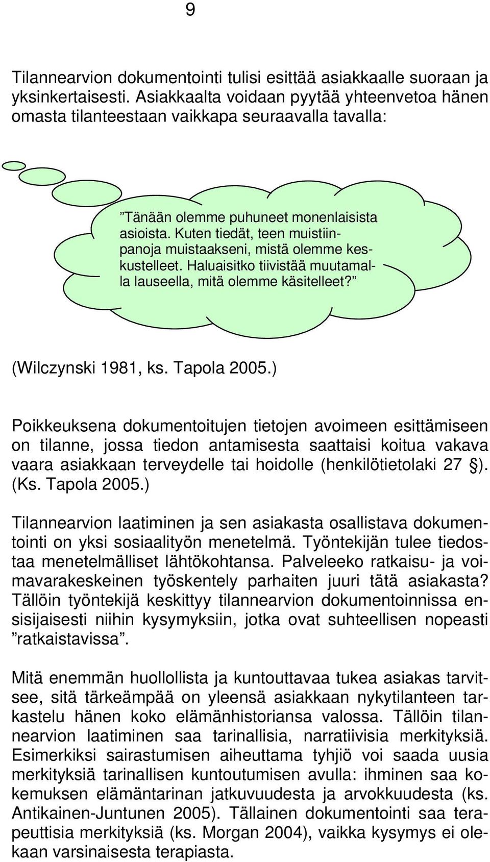 Kuten tiedät, teen muistiinpanoja muistaakseni, mistä olemme keskustelleet. Haluaisitko tiivistää muutamalla lauseella, mitä olemme käsitelleet? (Wilczynski 1981, ks. Tapola 2005.