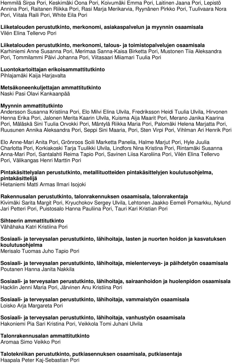 toimistopalvelujen osaamisala Karhiniemi Anne Susanna Pori, Merimaa Sanna-Kaisa Birketta Pori, Mustonen Tiia Aleksandra Pori, Tommilammi Päivi Johanna Pori, Viitasaari Miiamari Tuulia Pori