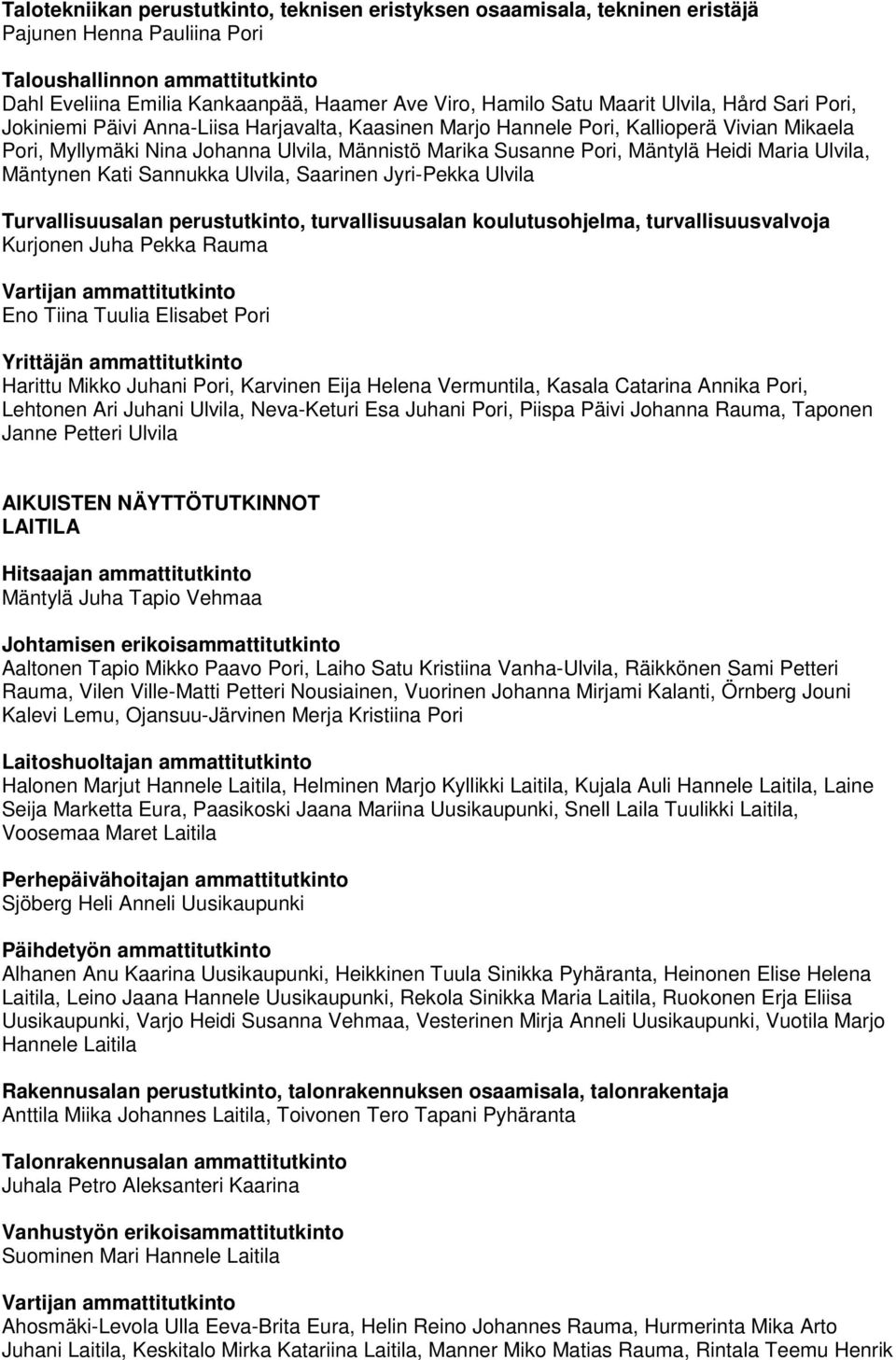 Mäntylä Heidi Maria Ulvila, Mäntynen Kati Sannukka Ulvila, Saarinen Jyri-Pekka Ulvila Kurjonen Juha Pekka Rauma Vartijan ammattitutkinto Eno Tiina Tuulia Elisabet Pori Yrittäjän ammattitutkinto