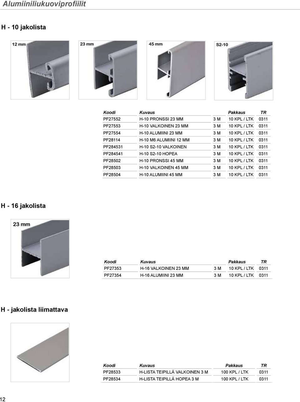 45 MM 3 M 10 KPL / LTK 0311 PF28503 H-10 VALKOINEN 45 MM 3 M 10 KPL / LTK 0311 PF28504 H-10 ALUMIINI 45 MM 3 M 10 KPL / LTK 0311 H - 16 jakolista 23 mm PF27353 H-16 VALKOINEN 23 MM 3 M 10 KPL /