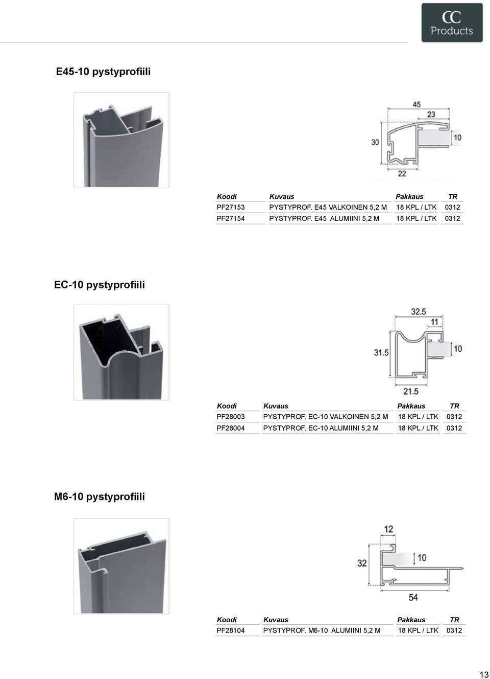 E45 ALUMIINI 5,2 M 18 KPL / LTK 0312 EC-10 pystyprofiili PF28003 PYSTYPROF.