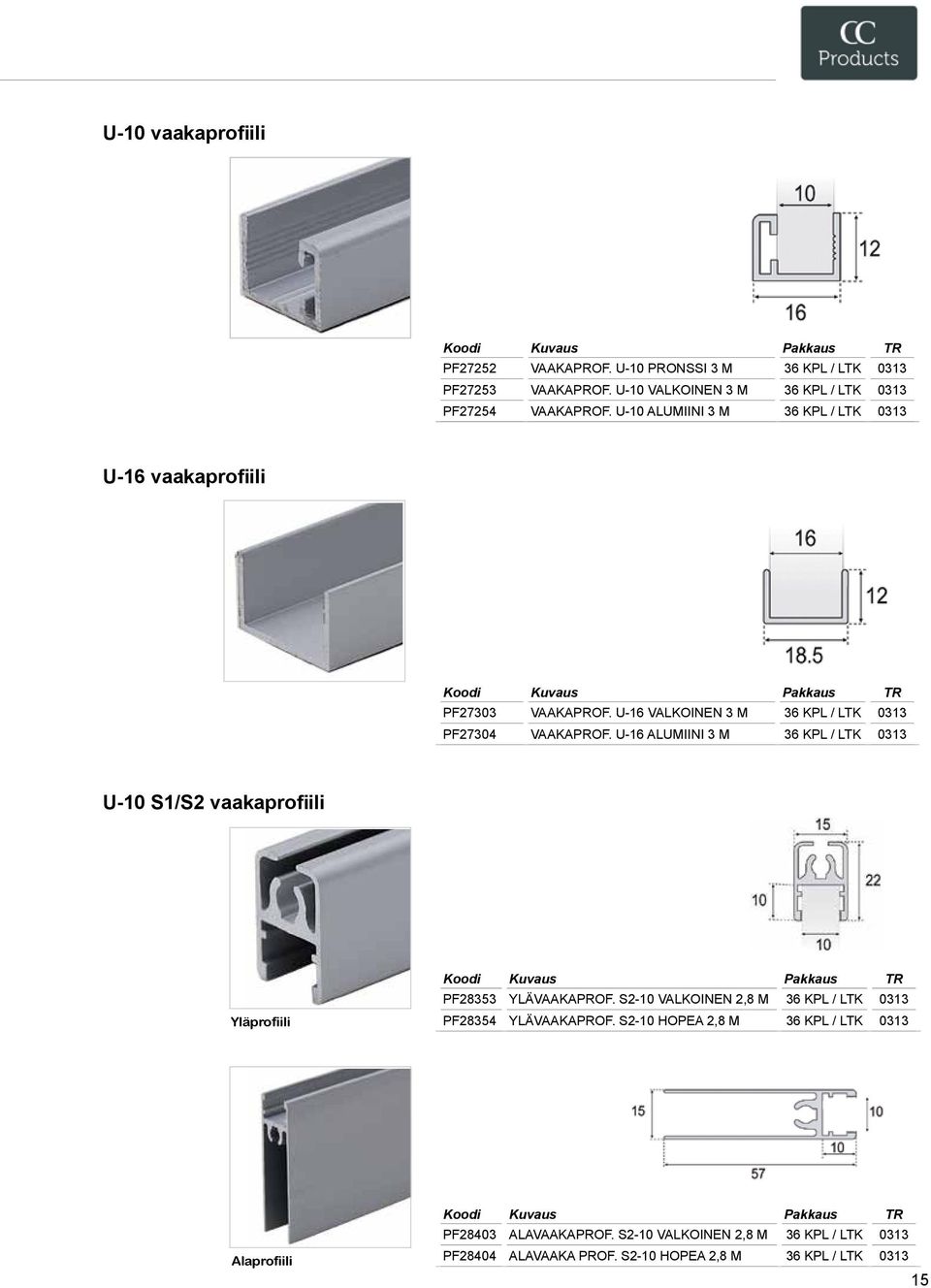 U-16 ALUMIINI 3 M 36 KPL / LTK 0313 U-10 S1/S2 vaakaprofiili Yläprofiili PF28353 YLÄVAAKAPROF.