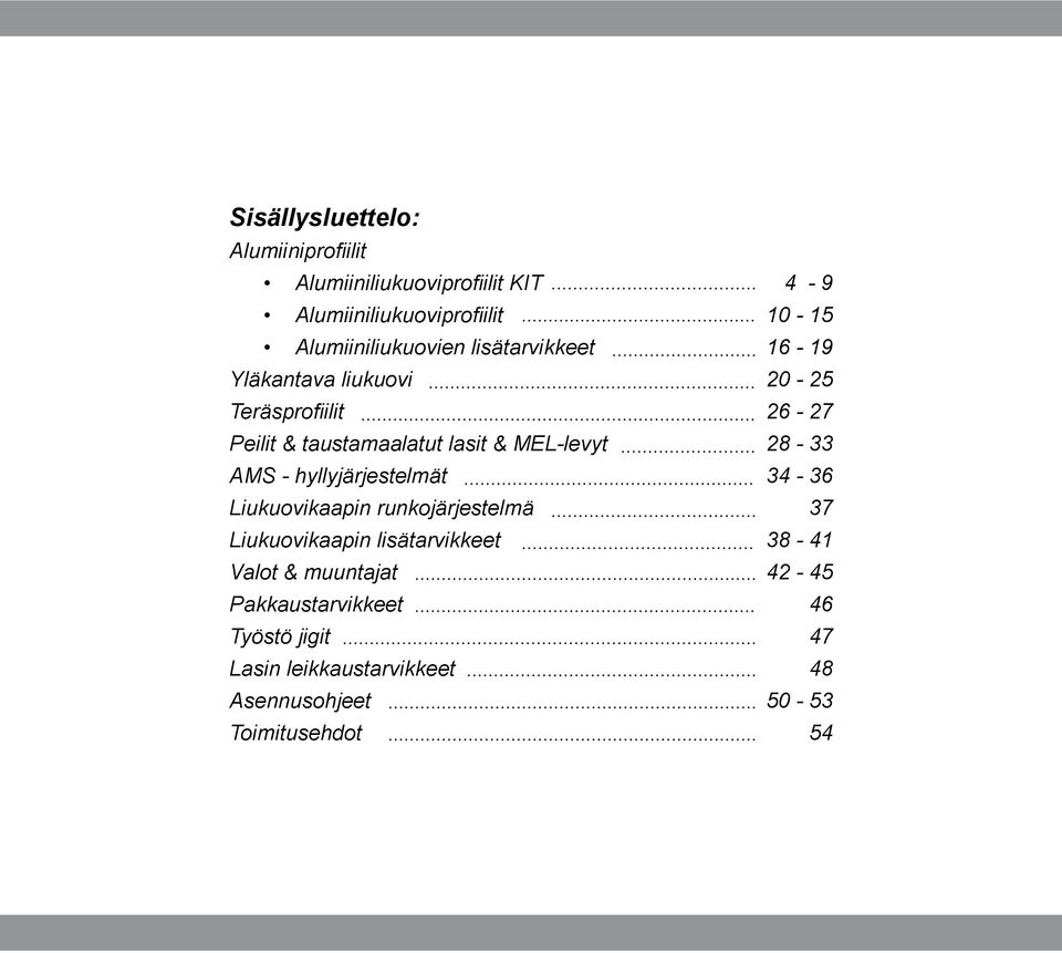 lasit & MEL-levyt 28-33 AMS - hyllyjärjestelmät 34-36 Liukuovikaapin runkojärjestelmä 37 Liukuovikaapin