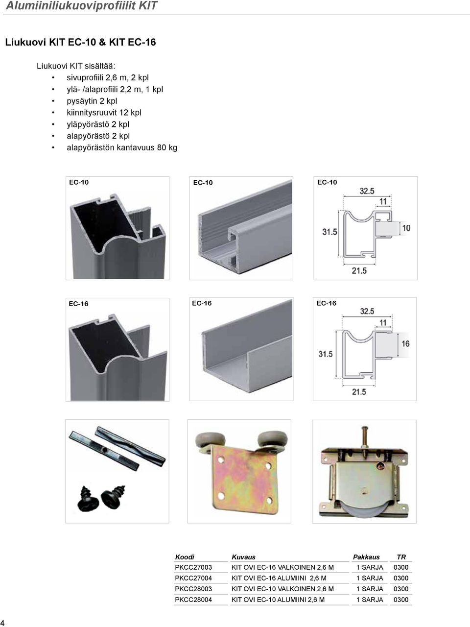 80 kg EC-10 EC-10 EC-10 EC-16 EC-16 EC-16 PKCC27003 KIT OVI EC-16 VALKOINEN 2,6 M 1 SARJA 0300 PKCC27004 KIT OVI EC-16