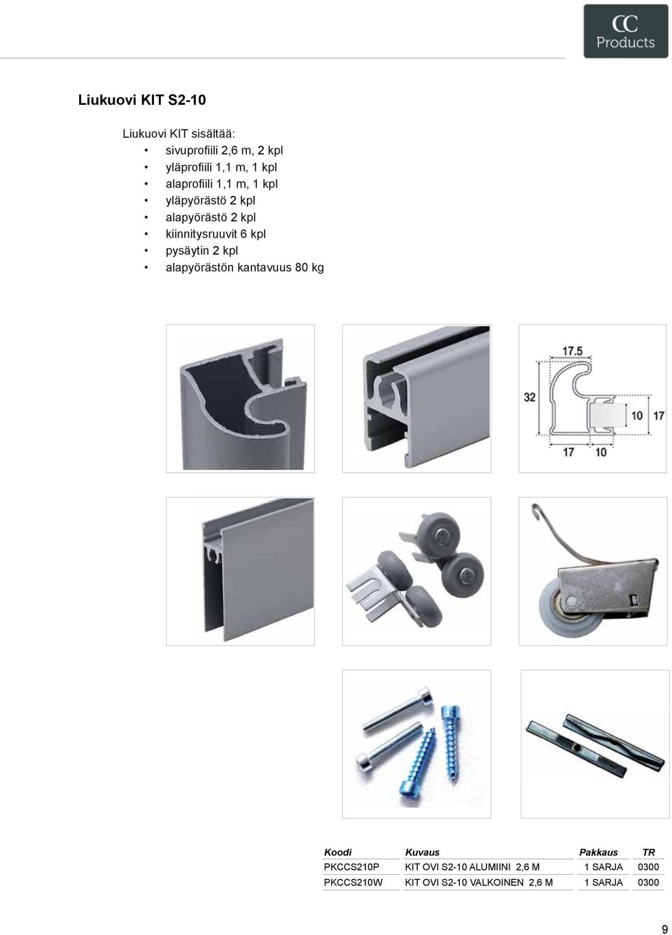 kiinnitysruuvit 6 kpl pysäytin 2 kpl alapyörästön kantavuus 80 kg PKCCS210P KIT