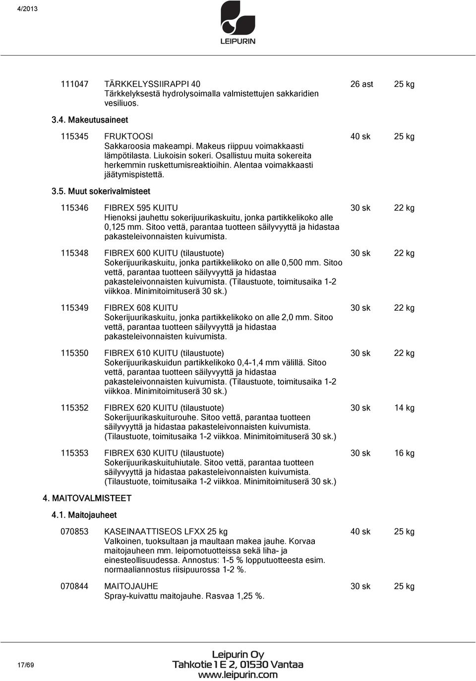 kg 3.5. Muut sokerivalmisteet 115346 FIBREX 595 KUITU Hienoksi jauhettu sokerijuurikaskuitu, jonka partikkelikoko alle 0,125 mm.