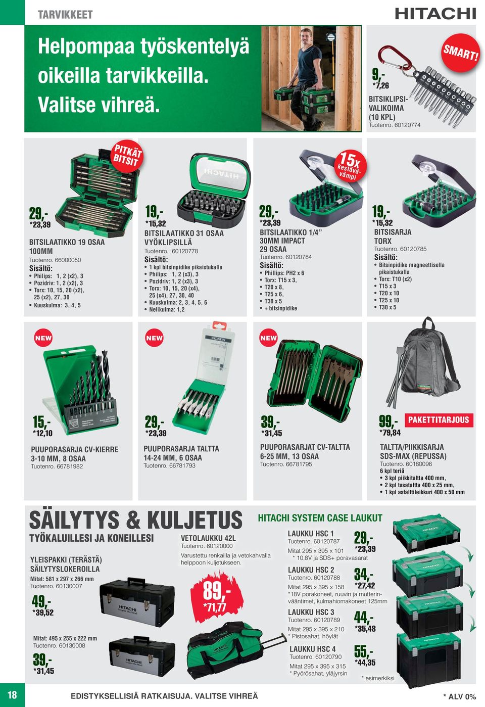 66000050 Sisältö: Philips: 1, 2 (x2), 3 Pozidriv: 1, 2 (x2), 3 Torx: 10, 15, 20 (x2), 25 (x2), 27, 30 Kuuskulma: 3, 4, 5 *15,32 BITSILAATIKKO 31 OSAA VYÖKLIPSILLÄ Tuotenro.