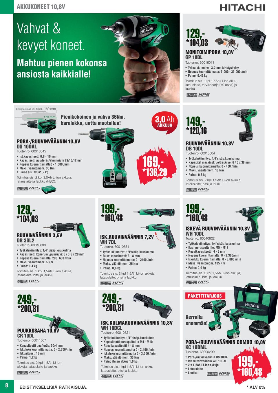 1kpl 1,5Ah Li-ion akku, latauslaite, tarvikesarja (40 osaa) ja laukku Edellinen malli DS 10DFL 180 mm 170 mm PORA-/RUUVINVÄÄNNIN 10,8V DS 10DAL Tuotenro. 60010345 Ist.