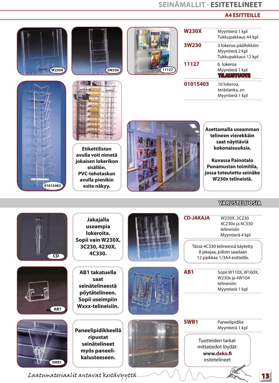 Asettamalla useamman telineen vierekkäin saat näyttäviä kokonaisuuksia. Kuvassa Painotalo Punamustan toimitila, jossa toteutettu seinäke W230x telineistä.