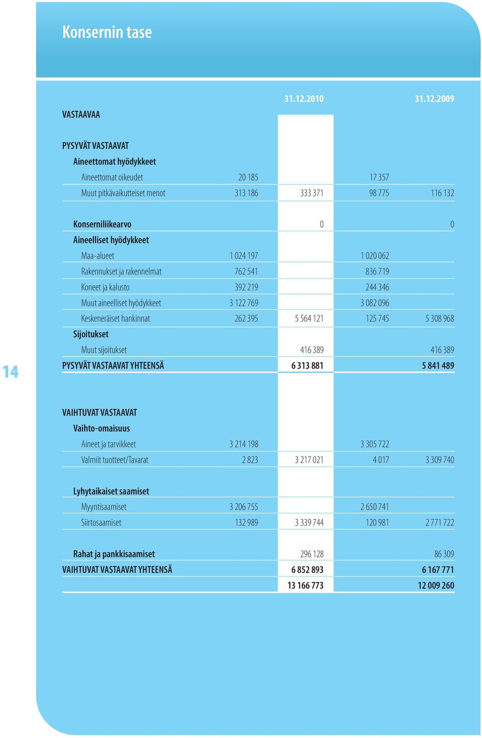 2009 PYSYVÄT VASTAAVAT Aineettomat hyödykkeet Aineettomat oikeudet 20 185 17 357 Muut pitkävaikutteiset menot 313 186 333 371 98 775 116 132 14 Konserniliikearvo 0 0 Aineelliset hyödykkeet Maa-alueet