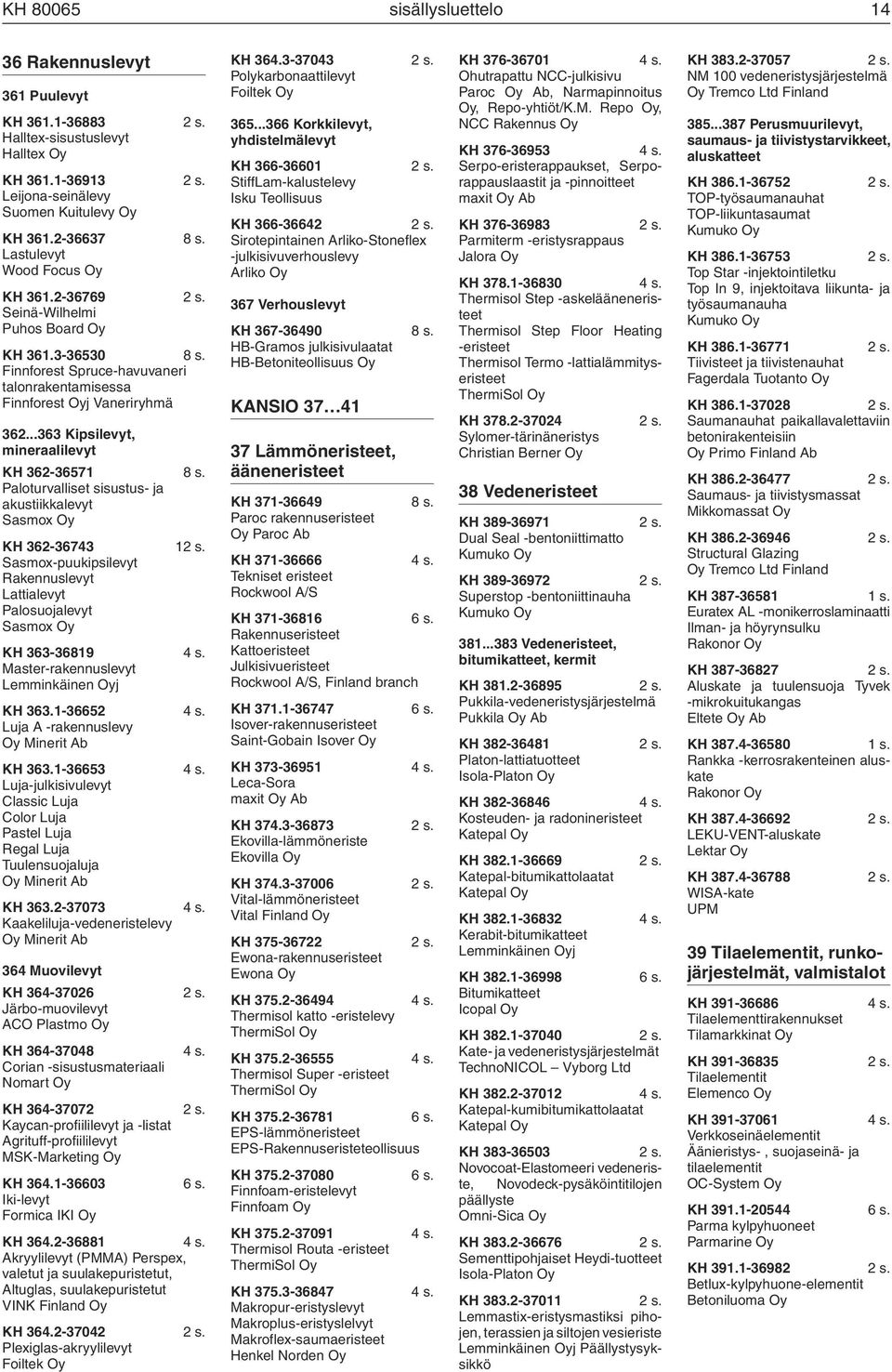 ..363 Kipsilevyt, mineraalilevyt KH 362-36571 8 s. Paloturvalliset sisustus- ja akustiikkalevyt Sasmox Oy KH 362-36743 12 s.