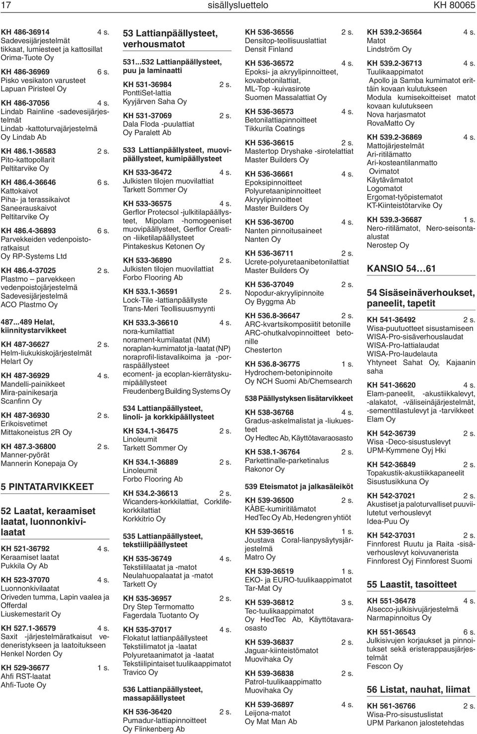 Kattokaivot Piha- ja terassikaivot Saneerauskaivot Peltitarvike Oy KH 486.4-36893 6 s. Parvekkeiden vedenpoistoratkaisut Oy RP-Systems Ltd KH 486.4-37025 2 s.