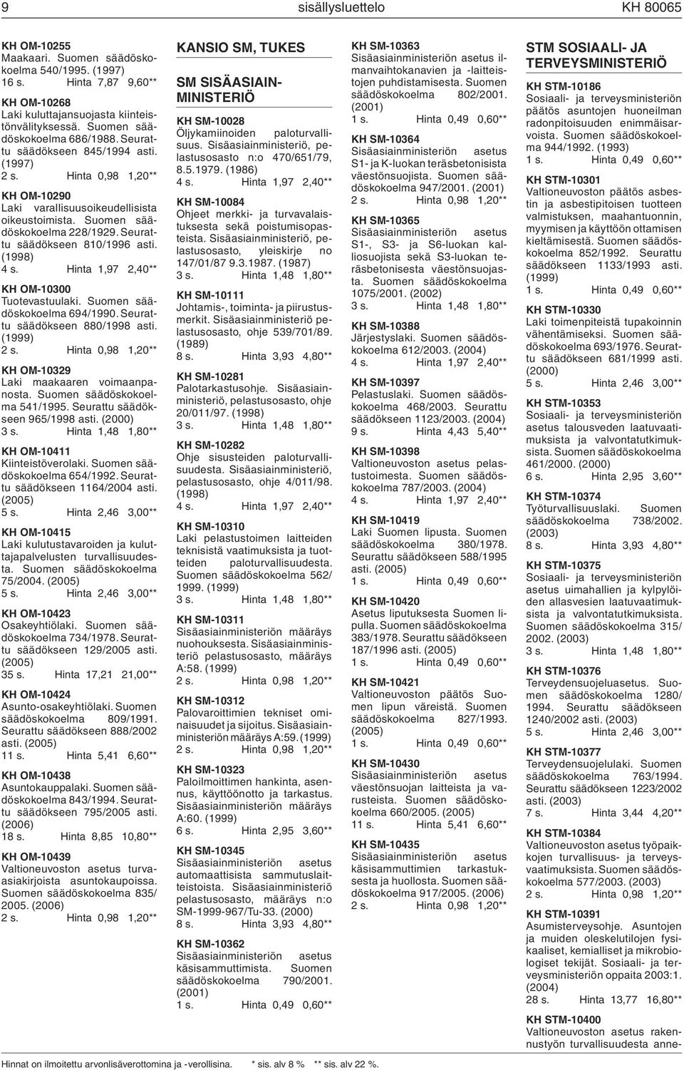 Seurattu säädökseen 880/1998 asti. (1999) KH OM-10329 Laki maakaaren voimaanpanosta. 541/1995. Seurattu säädökseen 965/1998 asti. (2000) 3 s. Hinta 1,48 1,80** KH OM-10411 Kiinteistöverolaki.