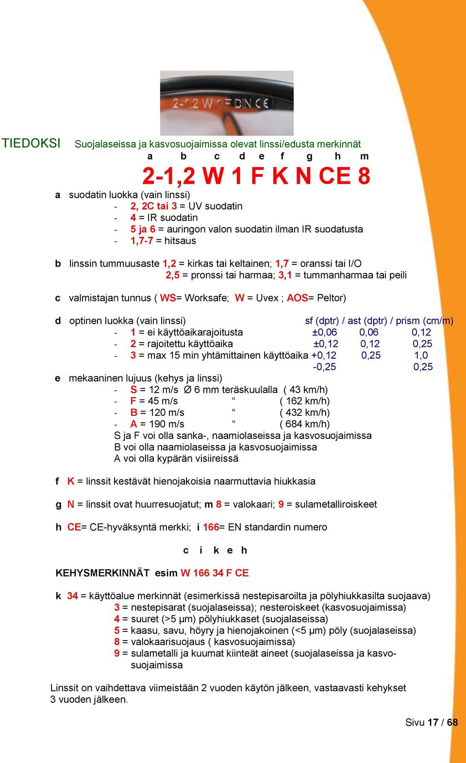 valmistajan tunnus ( WS= Worksafe; W = Uvex ; AOS= Peltor) d optinen luokka (vain linssi) sf (dptr) / ast (dptr) / prism (cm/m) - 1 = ei käyttöaikarajoitusta ±0,06 0,06 0,12-2 = rajoitettu käyttöaika