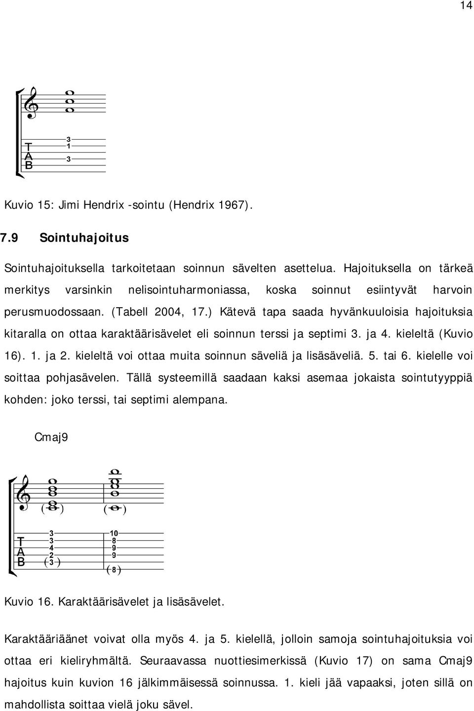 ) Kätevä tapa saada hyvänkuuloisia hajoituksia kitaralla on ottaa karaktäärisävelet eli soinnun terssi ja septimi. ja. kieleltä (Kuvio 16). 1. ja. kieleltä voi ottaa muita soinnun säveliä ja lisäsäveliä.