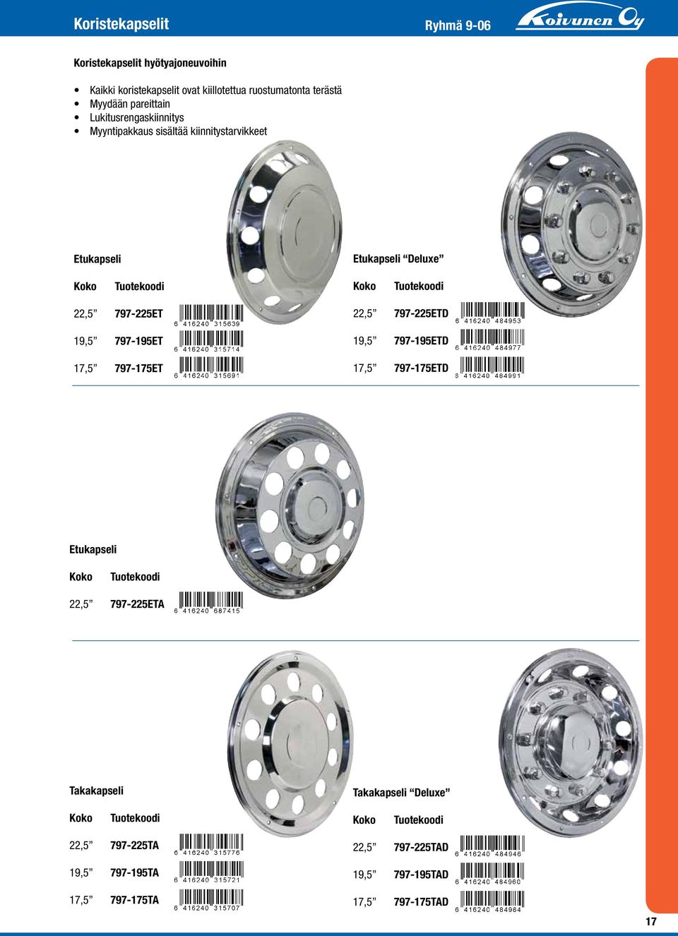 22,5 797-225ET 19,5 797-195ET 17,5 797-175ET 22,5 797-225ETD 19,5 797-195ETD 17,5 797-175ETD Etukapseli Koko Tuotekoodi 22,5 797-225ETA