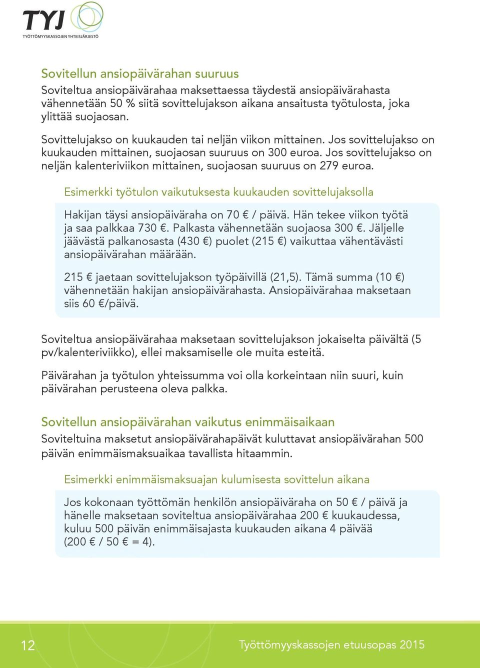 Jos sovittelujakso on neljän kalenteriviikon mittainen, suojaosan suuruus on 279 euroa. Esimerkki työtulon vaikutuksesta kuukauden sovittelujaksolla Hakijan täysi ansiopäiväraha on 70 / päivä.