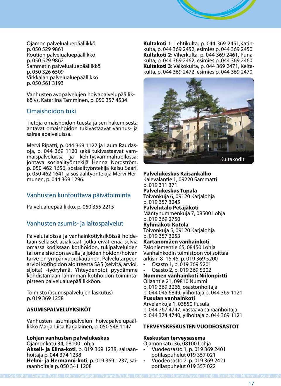 044 369 2460 Kultakoti 3: Valkokulta, p. 044 369 2471, Keltakulta, p. 044 369 2472, esimies p. 044 369 2470 Vanhusten avopalvelujen hoivapalvelupäällikkö vs. Katariina Tamminen, p.