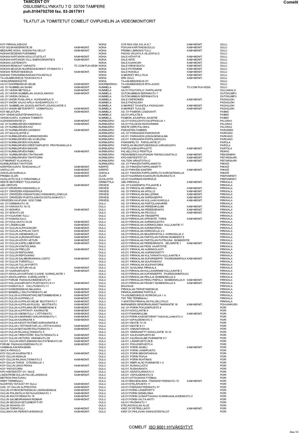 OULU NOKIAN KARTANON TALLI EMÄKOSKENTIE 6 KAM+MONIT. NOKIA SALE INTIÖ KAM+MONIT. OULU NOKIAN LASTENKOTI NOKIA SALE KAAKKURI KAM+MONIT. OULU NOKIAN RENKAAT VARASTO TC-COM PUH.KESK.