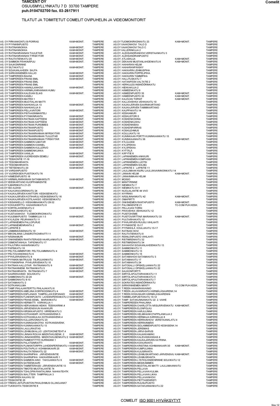 TAMPERE AS.OY. ALEKSANDRANPUISTO TAMPERE AS. OY RAUTATIENKATU 20 KAM+MONIT. TAMPERE AS.OY. ATLASKUJA KAM+MONIT. TAMPERE AS. OY SAMMON PÄHKINÄPUU KAM+MONIT. TAMPERE AS.OY. DEKAANI MUSTANLAHDENKATU 6 KAM+MONIT.
