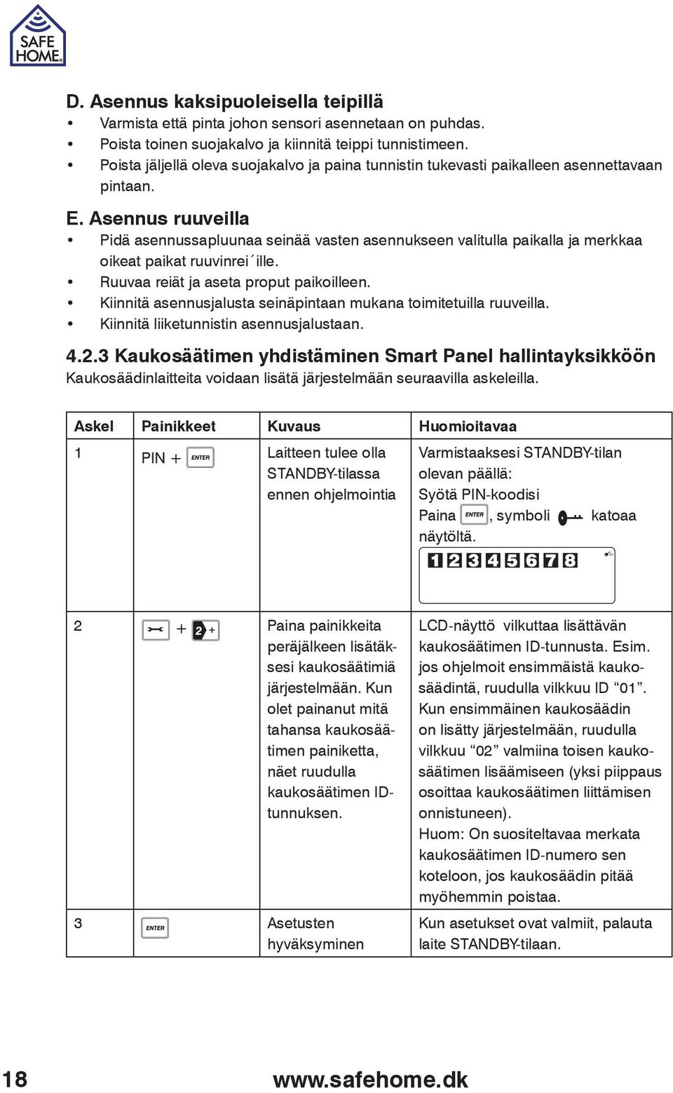 Asennus ruuveilla Pidä asennussapluunaa seinää vasten asennukseen valitulla paikalla ja merkkaa oikeat paikat ruuvinrei ille. Ruuvaa reiät ja aseta proput paikoilleen.