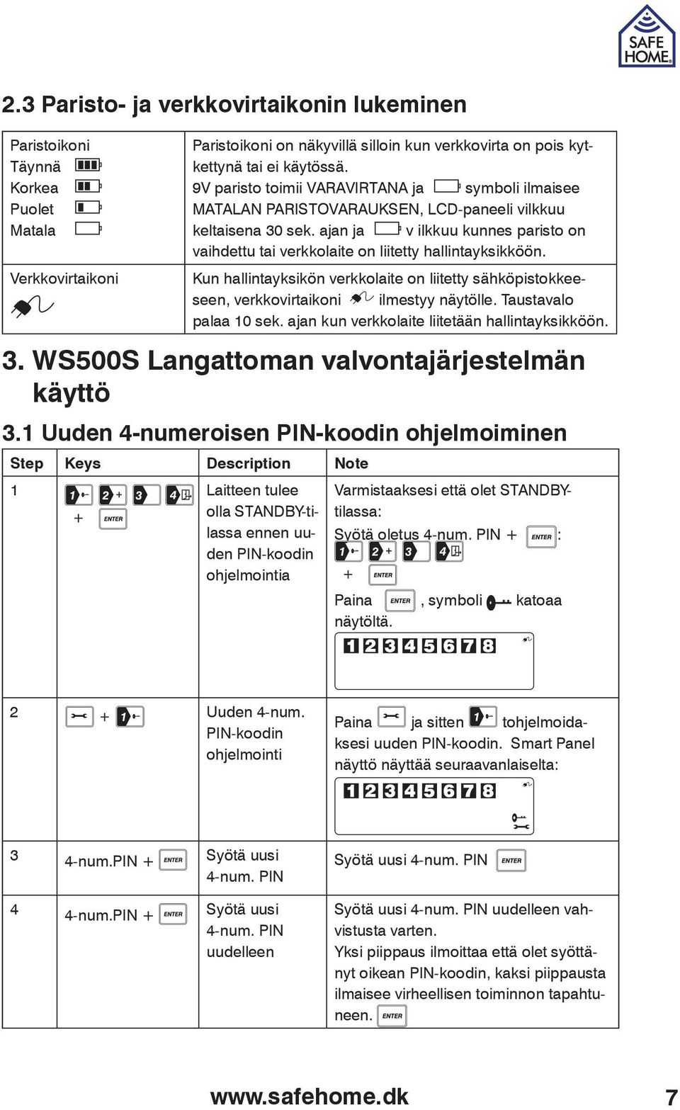 ajan ja v ilkkuu kunnes paristo on vaihdettu tai verkkolaite on liitetty hallintayksikköön. Kun hallintayksikön verkkolaite on liitetty sähköpistokkeeseen, verkkovirtaikoni ilmestyy näytölle.