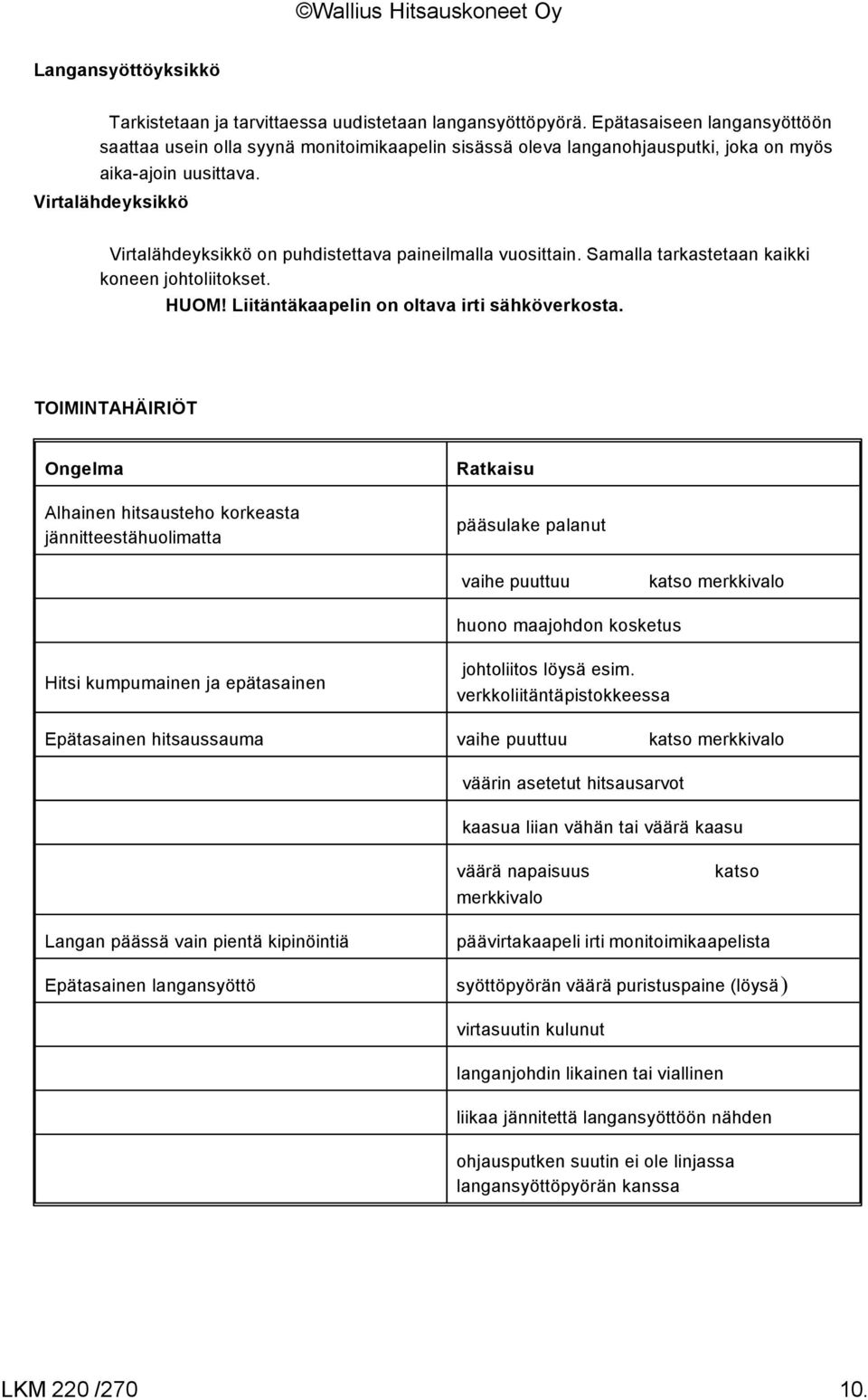 Virtalähdeyksikkö Virtalähdeyksikkö on puhdistettava paineilmalla vuosittain. Samalla tarkastetaan kaikki koneen johtoliitokset. HUOM! Liitäntäkaapelin on oltava irti sähköverkosta.