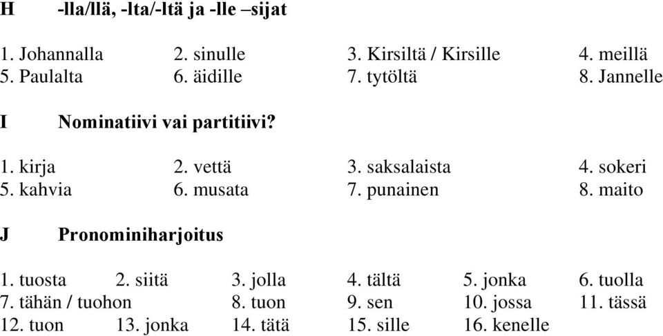 kahvia 6. musata 7. punainen 8. maito J Pronominiharjoitus 1. tuosta 2. siitä 3. jolla 4. tältä 5. jonka 6.